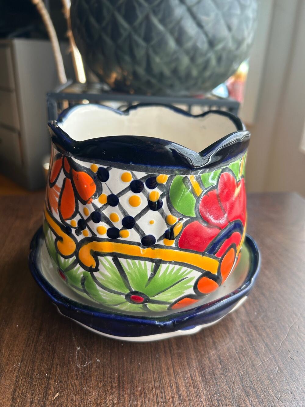 Talavera Pot Planter with Saucer Small Hand Painted Indoor Outdoor floral 5.5”